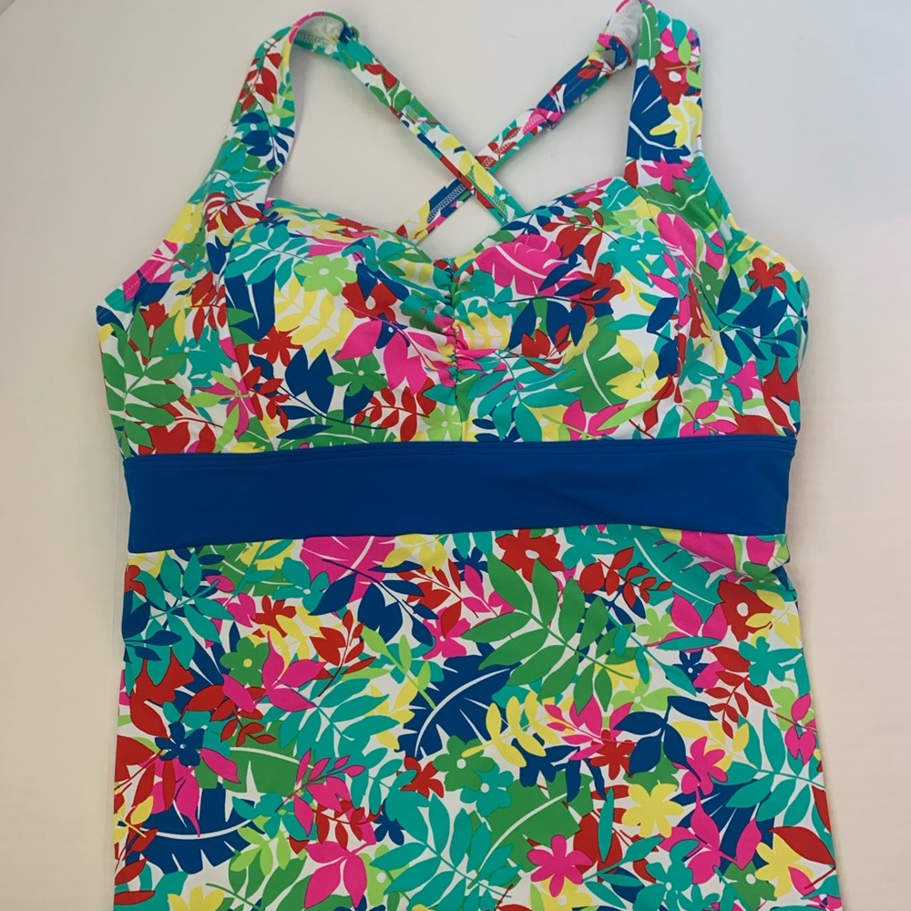 Women’s Floral Multi-Color Tankini Top with Blue Waistband Size 14